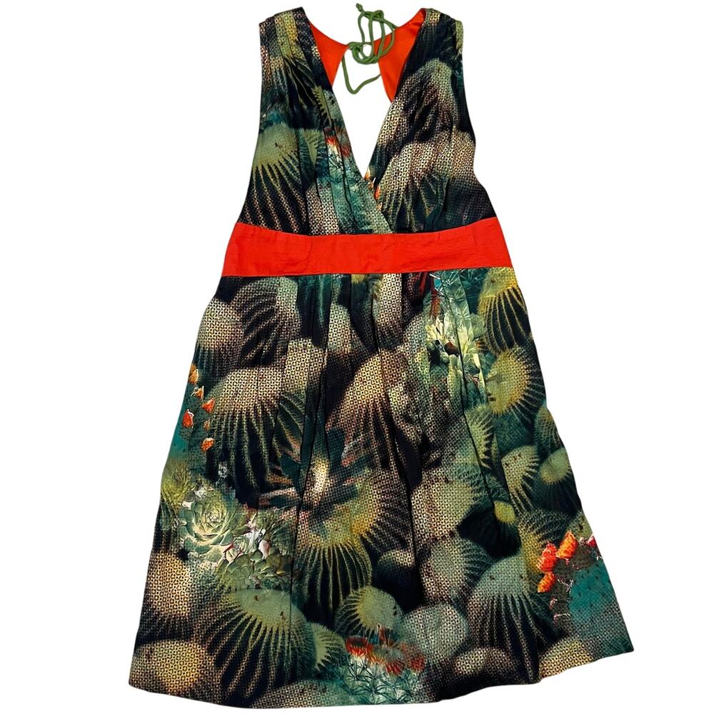 Eva Franco Anthropologie Sleeveless Green Orange Cactus Dress Tie Back Size 10
